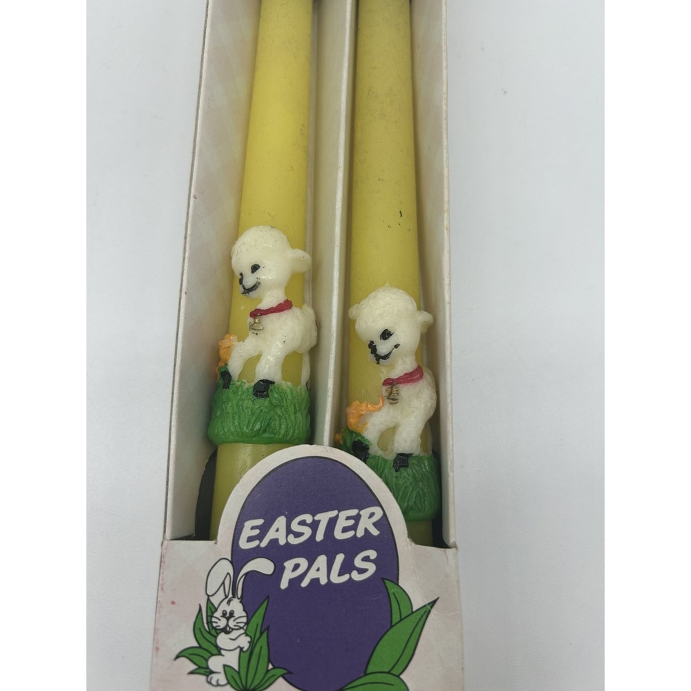 Vintage Pair Easter Pals Taper Candles 10" Spring Decor Sculpted Sheep Yellow